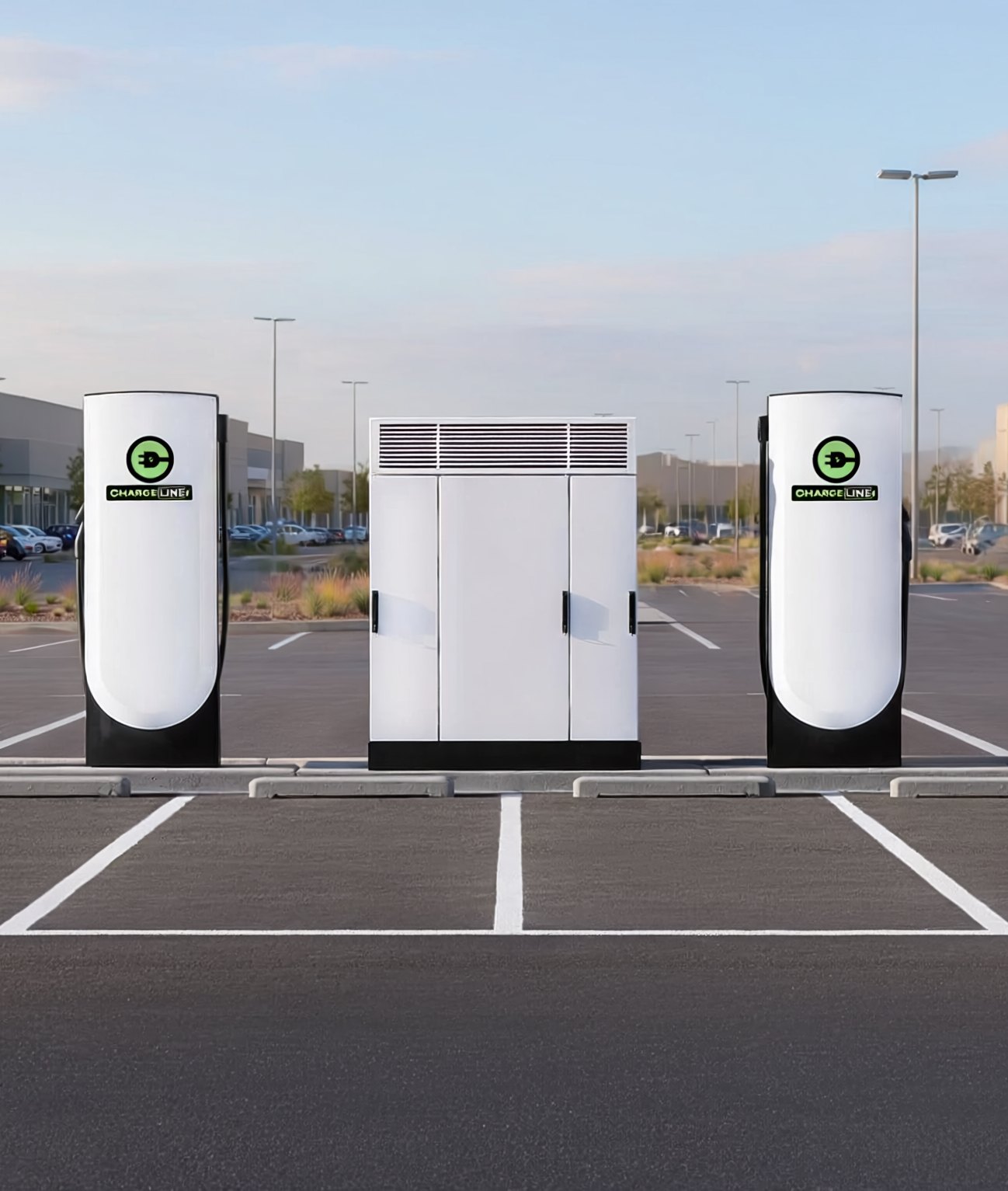 Two ChargeLine DC fast chargers flanking a power cabinet at a commercial site