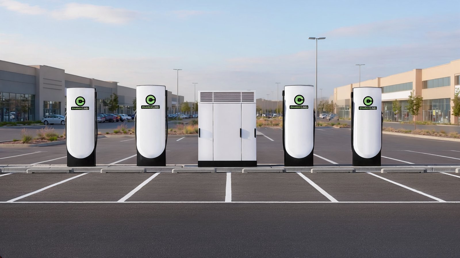 Four ChargeLine DC fast chargers across parking stalls at a commercial site