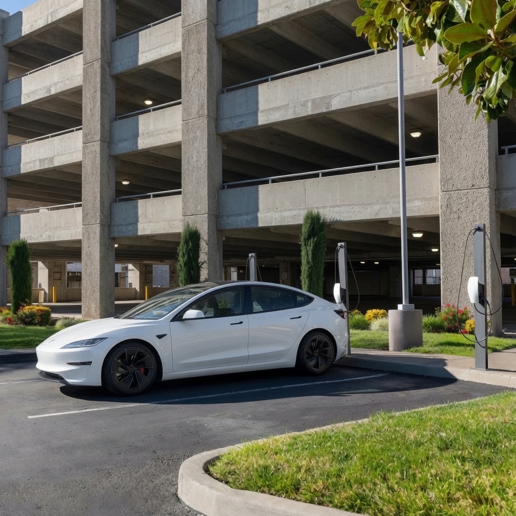 A white Tesla Model 3 charging at a Level 2 destination charger
