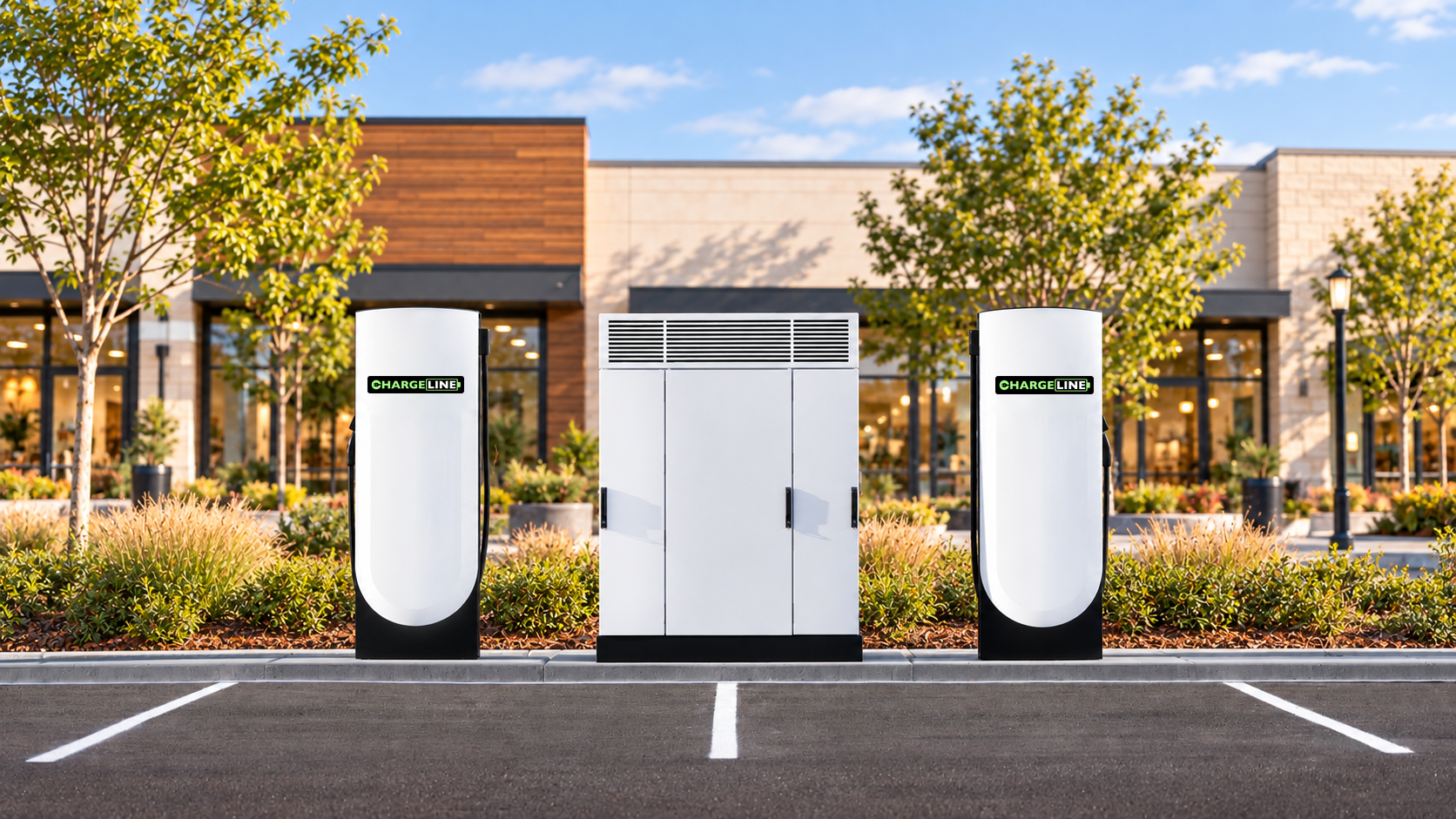 AI concept visualization of Chargeline-branded V4 fast chargers at a retail shopping center