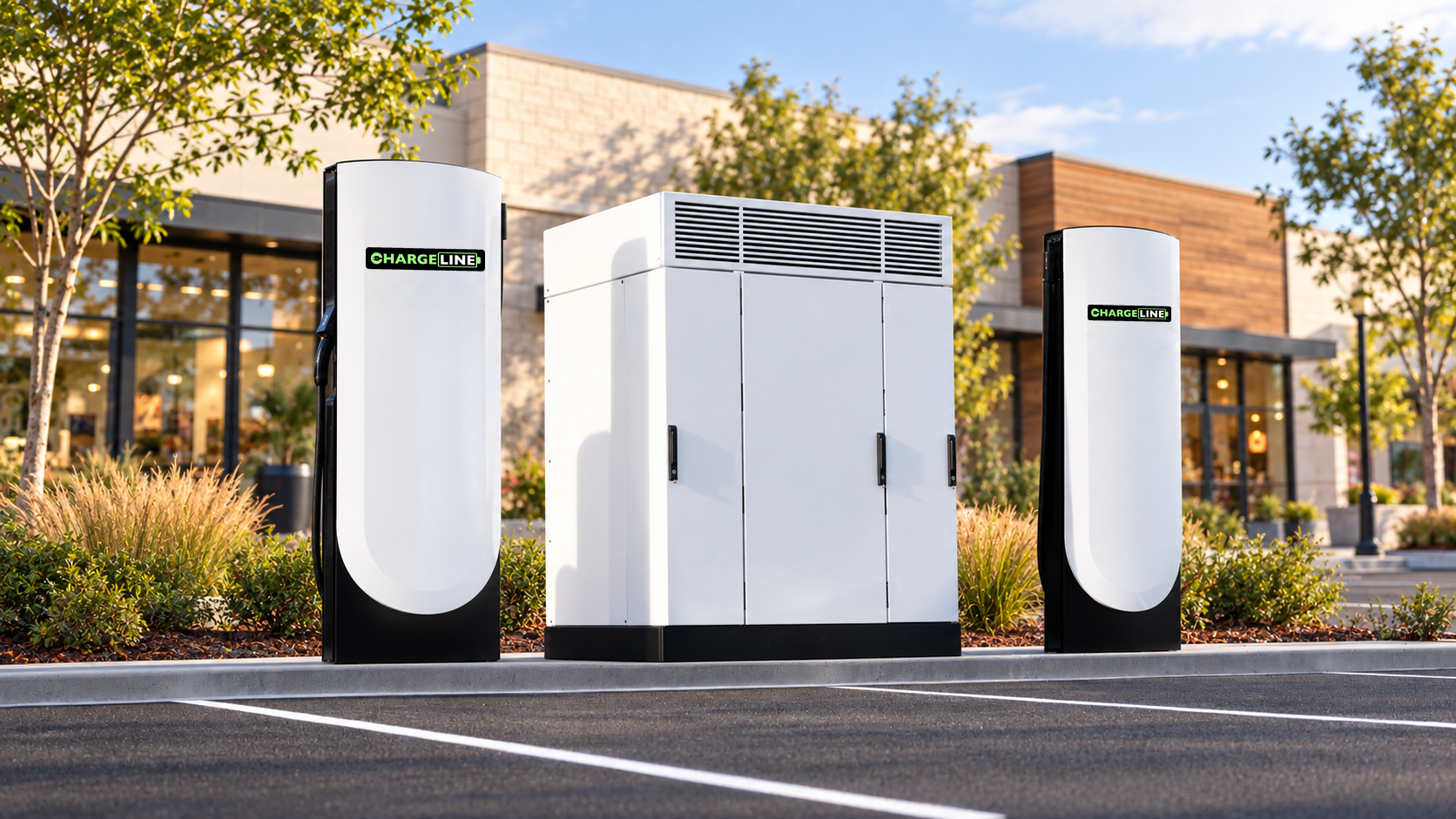 AI concept visualization of Chargeline-branded V4 chargers at a landscaped retail property